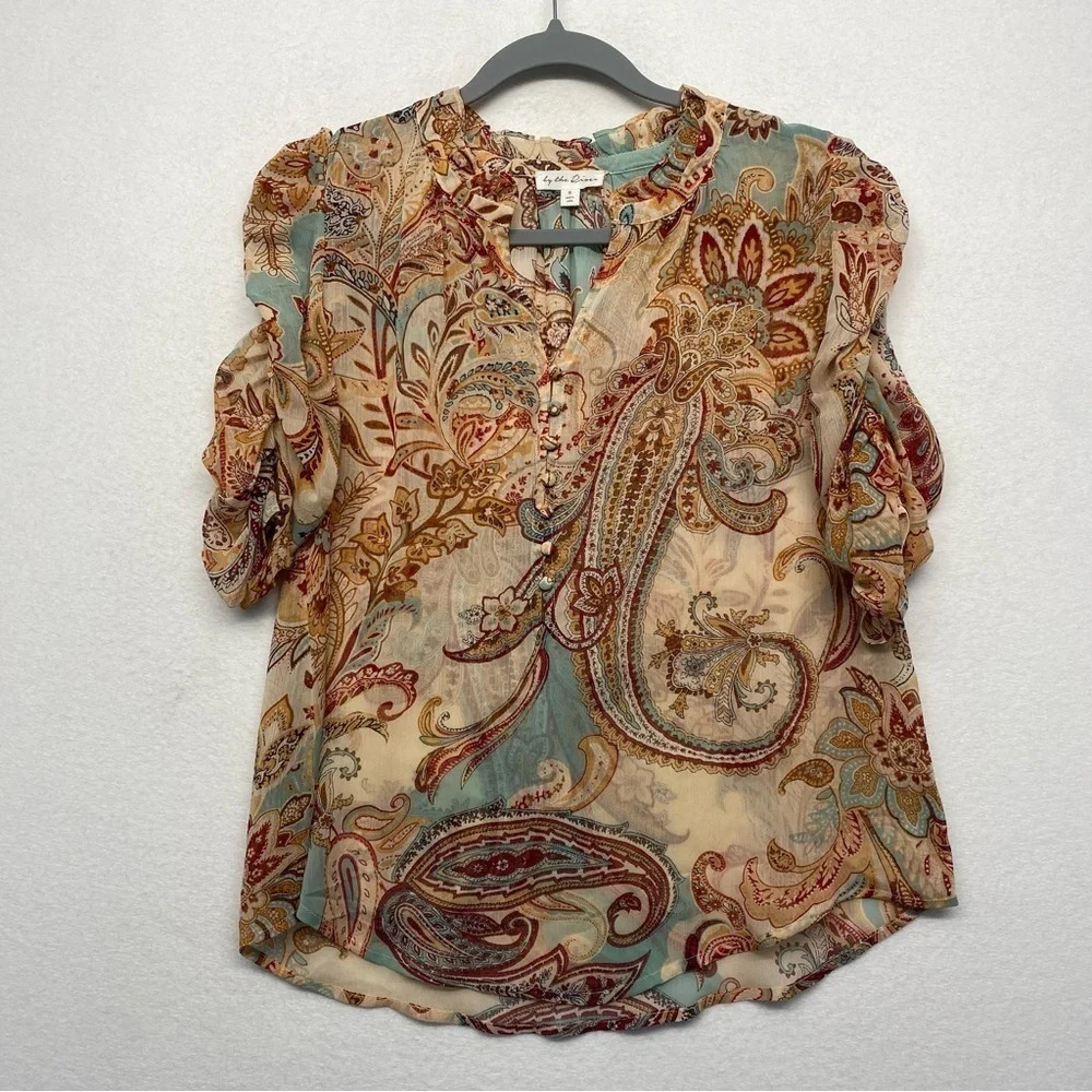 By the River Sheer Paisley Blouse Puff Ruched Sleeve S‎
